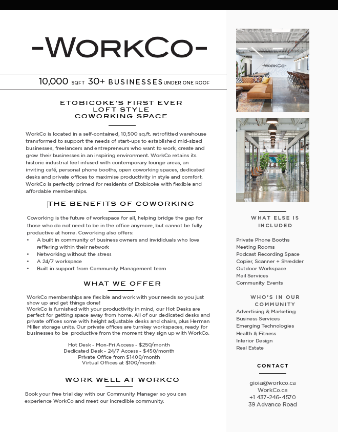 <a href="/WorkCoToronto/">WorkCo</a> is there for businesses to grow and thrive, flexible memberships work with members to help their businesses scale at a rate that suits them. It provides not just a workspace but culture and community that are integral to a businesses success. #TheDowningStreetGroup