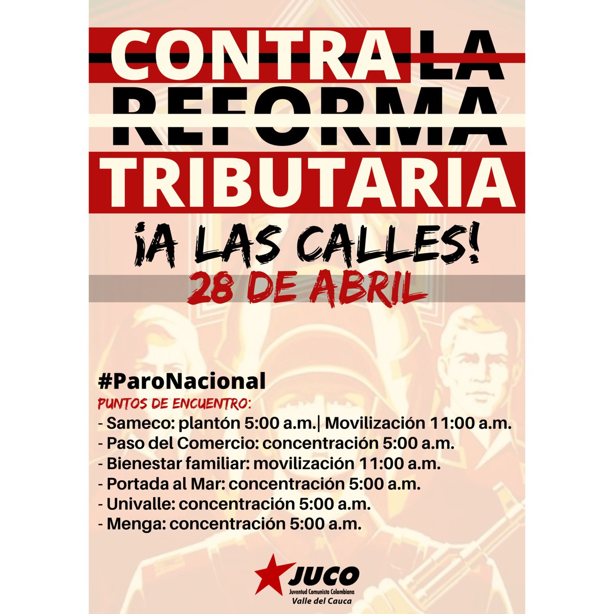 #28deAbril #ParoNacional 🔥❤️
Salimos nuevamente a las calles. No a la Reforma Tributaria y a este gobierno corrupto y genocida. 

¡Por la tierra, el agua, el pan y la paz! ¡Vamos a las calles a protestar! 🚩❤️