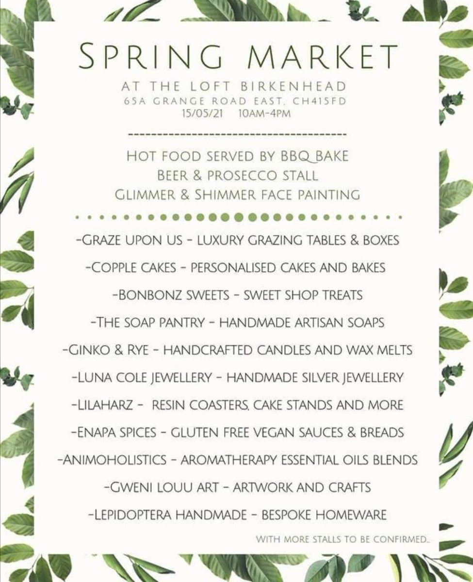 WirralLoft's tweet photo. Confirmed stalls so far...

Food and drink outside 🍻

Fabulous unique products made by independent Wirral businesses.

#wirralspendindependent #Wirral #wirralbusiness #market #spring #localbusiness #Wirralindependents https://t.co/wkf5l8ZYkK