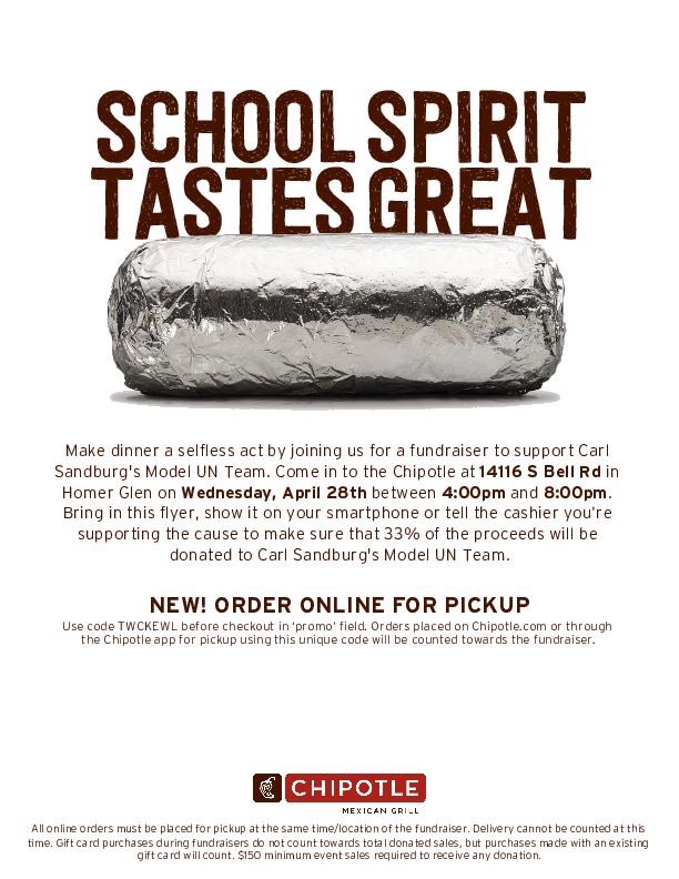 HELP CSMUN!! CSMUN is hosting a fundraiser to help with club funds at the Chipotle on Bell Rd on Wednesday April 28th from 4-8! Be sure to show them this flyer if you order in store or use the promo code listed for pickup orders! DELIVERIES WON’T BE APPLIED TO THE FUNDRAISER!