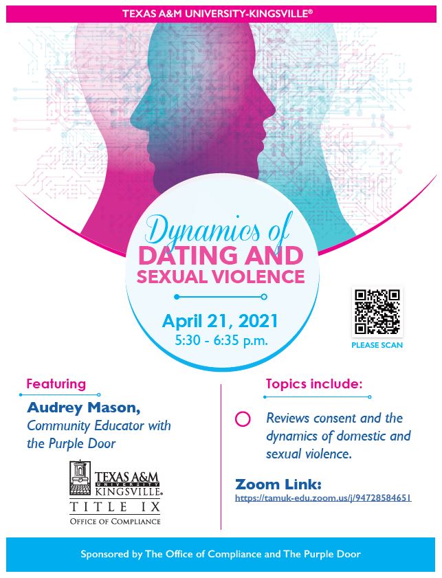 TAMUKIX's tweet photo. Please share! Join us virtually at 5:30 today for Dynamics of Dating &amp; Sexual Violence presented by The Purple Door. Link is: https://t.co/l98qixVOo1 #SAAM2021 #TAMUK @TamukBetas @JavelinaBeach @TAMUKBusiness @JavelinaBSB @JavelinaBSB @tamuk_honors @CABTAMUK @KirstenCompary https://t.co/Jqh6UkoJZt