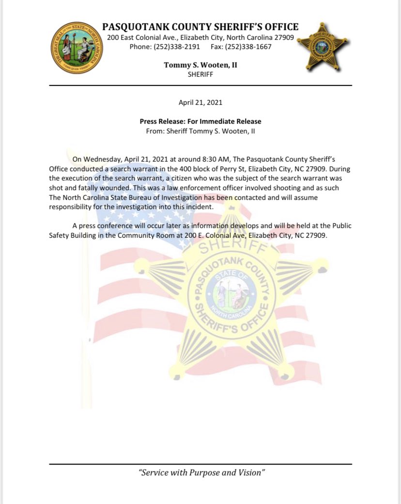 DEVELOPING:  #Pasquotank Co. sheriff confirms deputy shot and killed someone while executing a search warrant in  #ElizabethCity this morning. The person shot was the subject of the search warrant. The North Carolina State Bureau of Investigations taking over case.  @13NewsNow