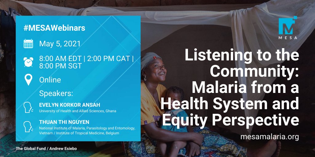 MESAmalaria's tweet photo. 📢#SaveTheDate for the 1st #MESAWebinars!
➡️Listening to the Community: #Malaria from a Health System and Equity Perspective
🗓️May 5
⏰2 PM CAT | 8 AM EDT
With:
🗣️Prof. Evelyn Korkor Ansah @UHASGhana
🗣️PhD Thuan Thi Nguyen @ITMantwerp #NIMPE
🔗https://t.co/E1CXFIN0Rq https://t.co/2HotbB4Z2S