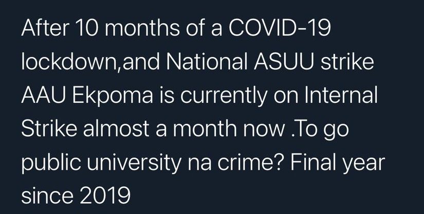 MrAdven88630210's tweet photo. Why will you ask us to pay for services u cannot render, we need our education back.
#AAU 
#saveaau
#EndAauAsuuStrike https://t.co/uQNYwBNvpU