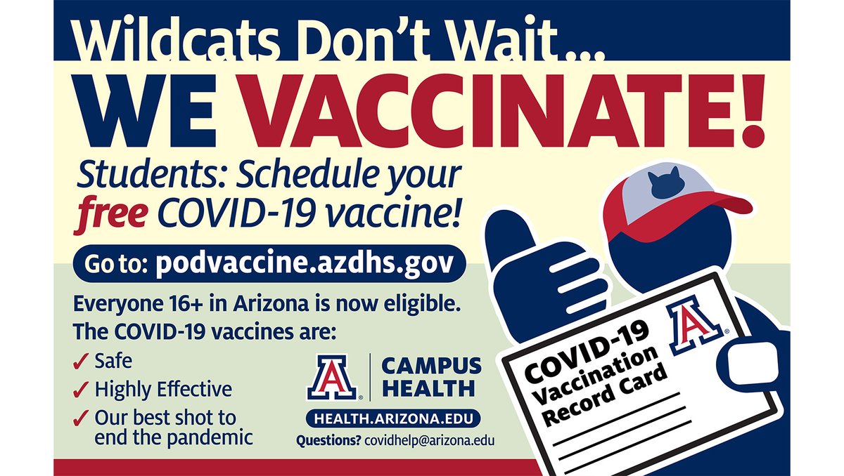 Get your #COVID19 vaccine right here on campus! Anyone 16 years + is eligible.
Register: podvaccine.azdhs.gov
#BearDownVaxUp