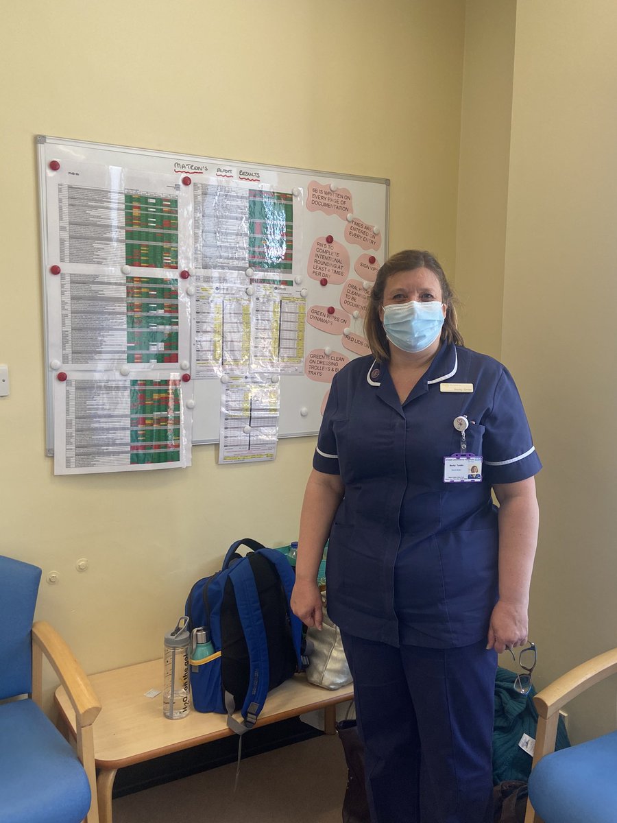 Here is 6Bs ward sister Becky with her improvement board! Determined to go for green in our matrons audits! So much improvement work from the team this month. Come on 6B, I’m rooting for you!! <a href="/LindaKeddie/">Linda Keddie</a> <a href="/ULHTMedicine/">ULHT Team Medicine</a> @v8cfr
