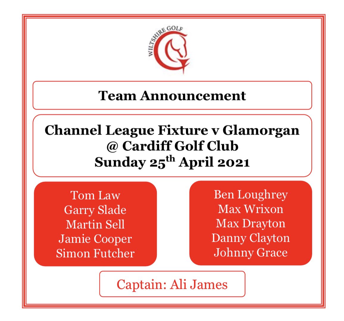 💥Team Announcement💥 @wiltshire_golf Captain @alijames1983 has named his team for the opening Channel League fixture v @Glamorgan_G_U to be played @Cardiffgolfclub on Sunday 25th April. Wiltshire debut for @Johnnygrace_840 and a return to the amateur ranks for @BenLoughrey88 👍🏻