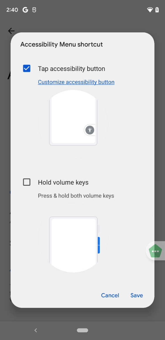 Accessibility menu is now opened by a floating button rather than a "swipe up with 2 fingers" gesture. It can still be opened by pressing and holding both volume keys, though.