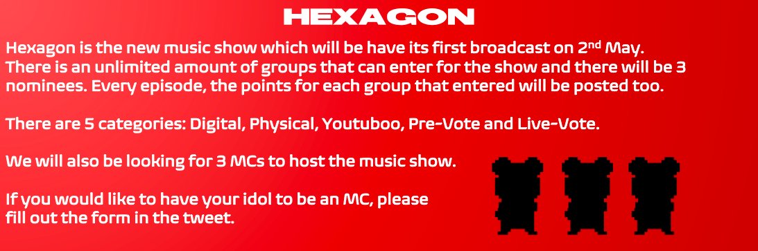 HEXAGON_MI's tweet photo. Welcome to Hexagon! We are a new music show that will broadcast every Sunday @ 6PM KST / 10AM BST / 5AM EST. Please read through all of the information. 

Pre-Voting lasts for 6 hours. 
Live-Voting lasts for 1 hour.

If you want your idol to MC apply here: https://t.co/Vz8qoHeXfE https://t.co/C4nKX0RYY2