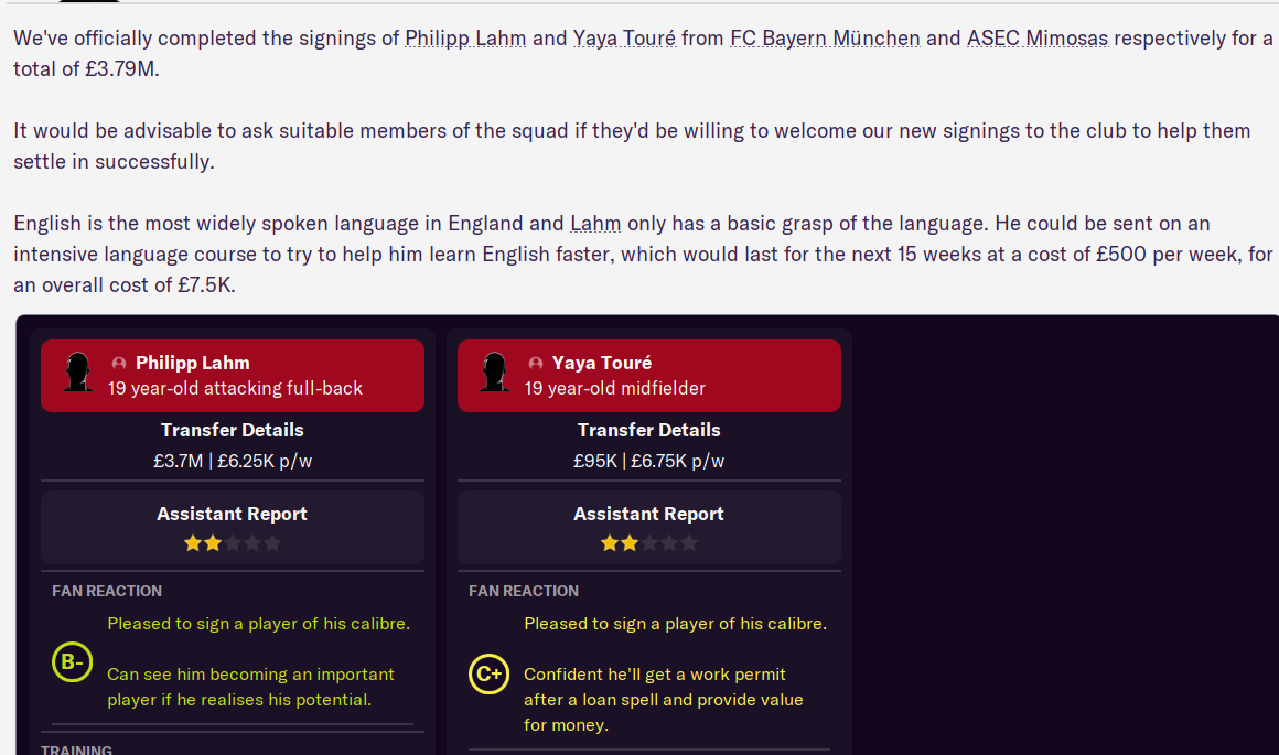 19 year old youngsters Philipp Lahm & Yaya Toure sign for Arsenal  #FM21