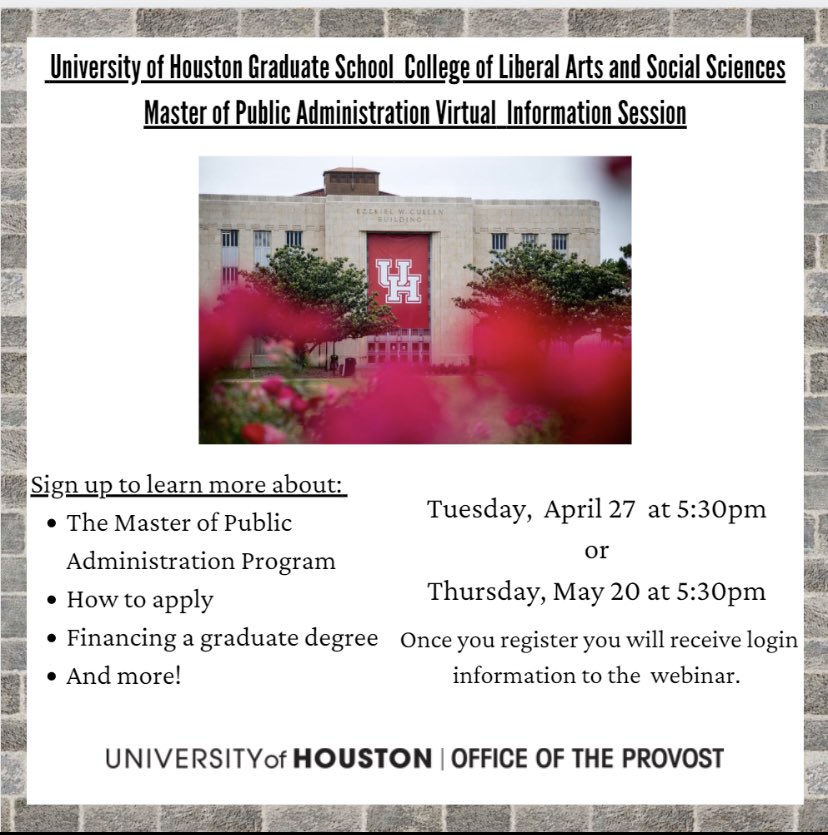 Interested in Public Administration? Join us to learn more on April 27, 2021 at 5:30pm. 

RSVP to join the info session at this link: surveymonkey.com/r/MPASpr21