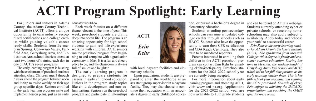Shout out for our terrific ACTI Early Learning program and Mrs. Erin Kehr!