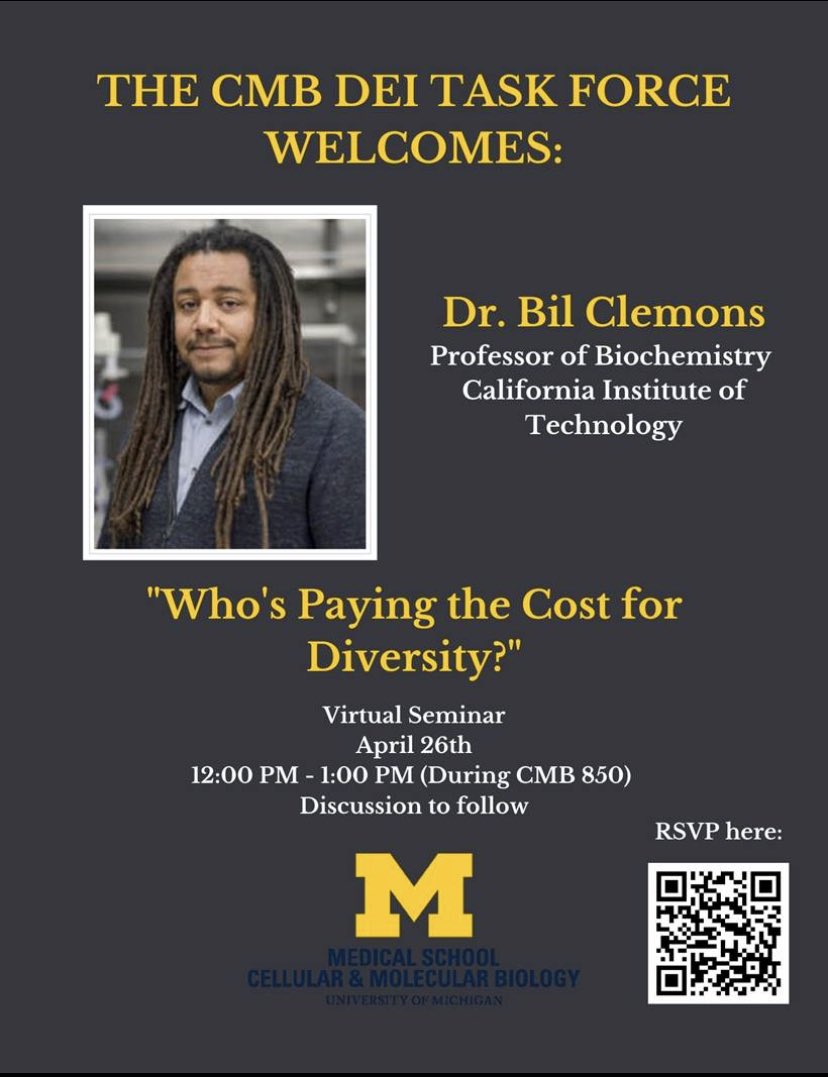 We are pleased to welcome Dr. Bil Clemons this coming Monday, 4/26/21 during CMB seminar. We look forward to a great dialogue! #cmbdei #deimonth