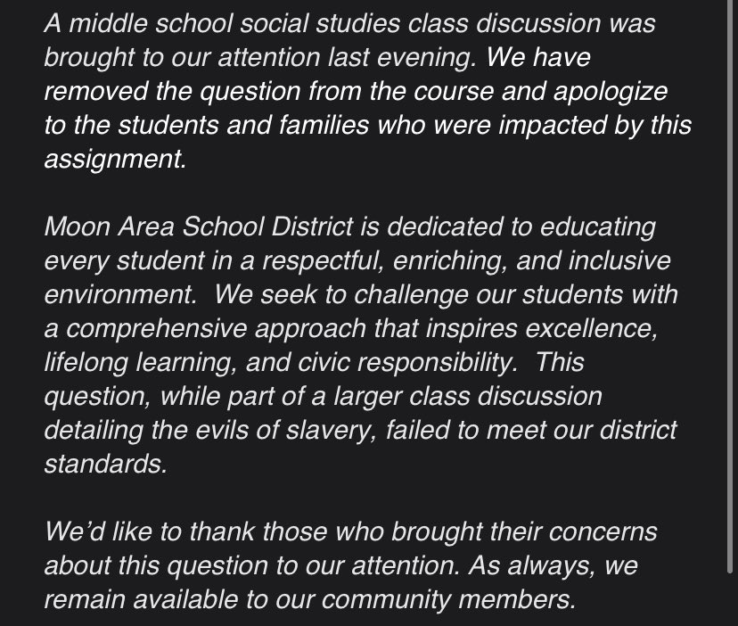 Here is the statement from the Moon Area superintendent <a href="/KDKA/">KDKA</a>