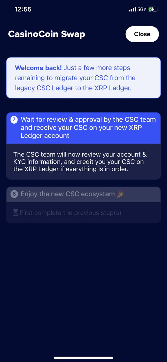 lugottii's tweet photo. @CasinoCoin @XRPLLabs @XRPLF I’m on the last step and it’s been stuck on this screen for a couple days now. I guess it’s waiting on @CasinoCoin to verify. https://t.co/XJcfChejwn