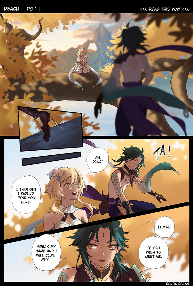 [1/2] Well, here it is! I'm a noob at making comics but wanted to give it a try for Xiao's birthday (though it's a few days late now *sweats*). This is how I envisioned it was like for Lumine to convince Xiao to join her party. 
#genshinimpactfanart #genshintwt #xiaolumi 