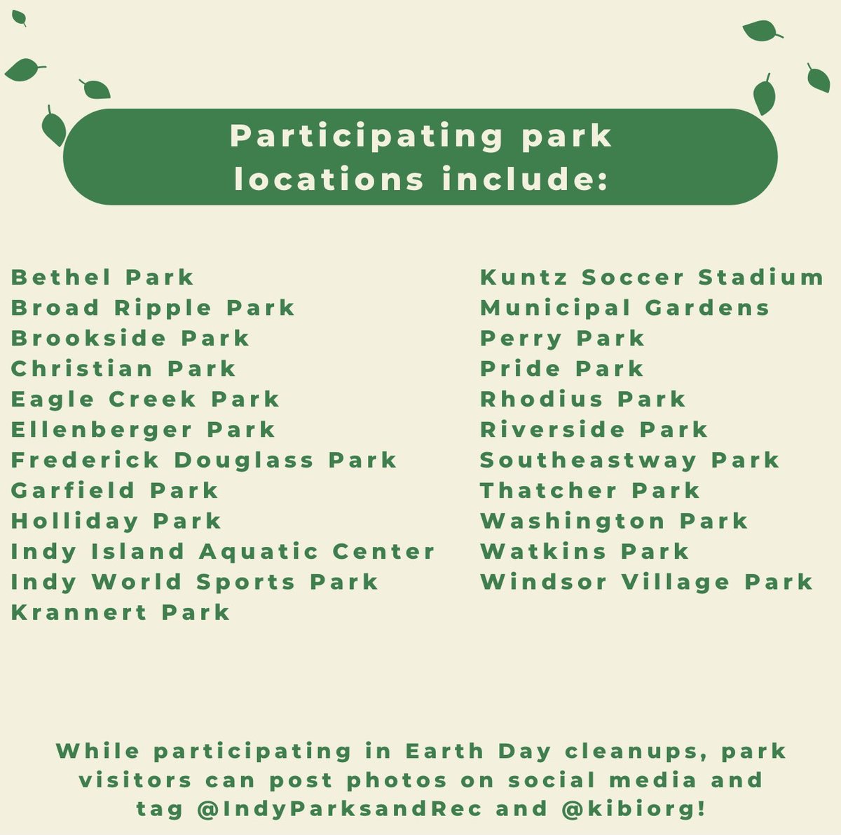 IndyParksandRec's tweet photo. Join us at your local Indy park this Earth Day for a parkwide trash cleanup! ππBring a friend and help us #KeepIndyClean! Limited supplies like gloves and trash bags will be available at park facilities from @kibiorg #GreatIndyCleanup #KeepIndyBeautiful https://t.co/HRQF4jZgtP