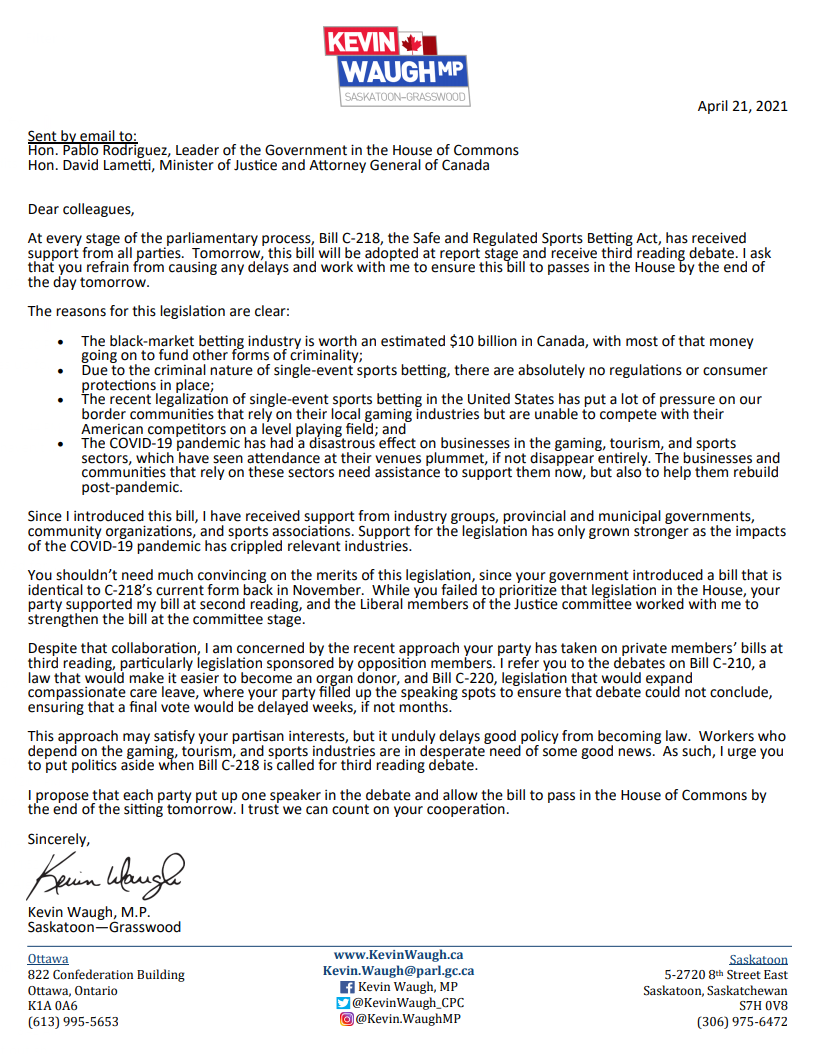 KevinWaugh_CPC's tweet photo. Today, I sent a letter to Government House Leader Pablo Rodriguez and Justice Minister David Lametti asking that the government work with me to pass Bill C-218 when it comes up for debate at third reading tomorrow. This is a good policy with positive outcomes for all Canadians. https://t.co/lsepJMXhrT