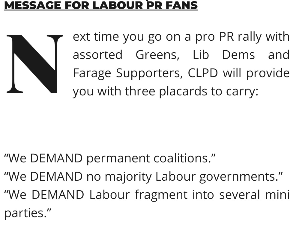 JoeOTooIe's tweet photo. Look at the state of @CLPD_Labour...

If they hold an anti-PR rally with the Tories, they could say:

"We DEMAND Tory majority governments"
"We DEMAND unequal votes"
"We DEMAND more of the same"

What's it called when you repeat the same tactics expecting different results...? https://t.co/NWE4KyruNo