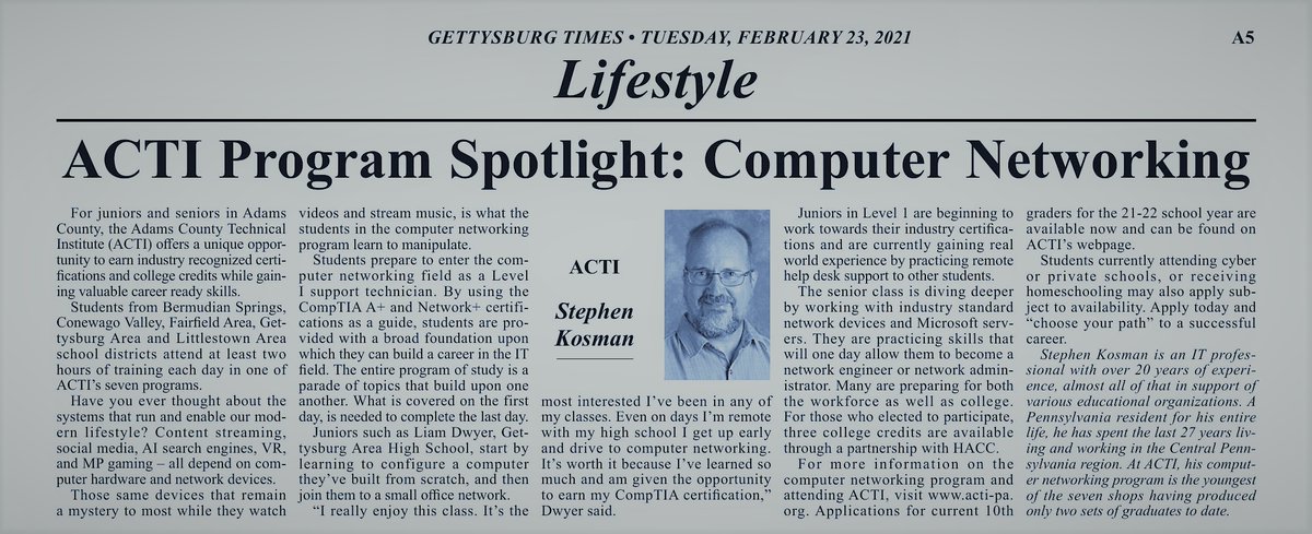 Mr. Kosman has done a fabulous establishing our ACTI Computer Networking Program! His classroom and lab are great places to be.