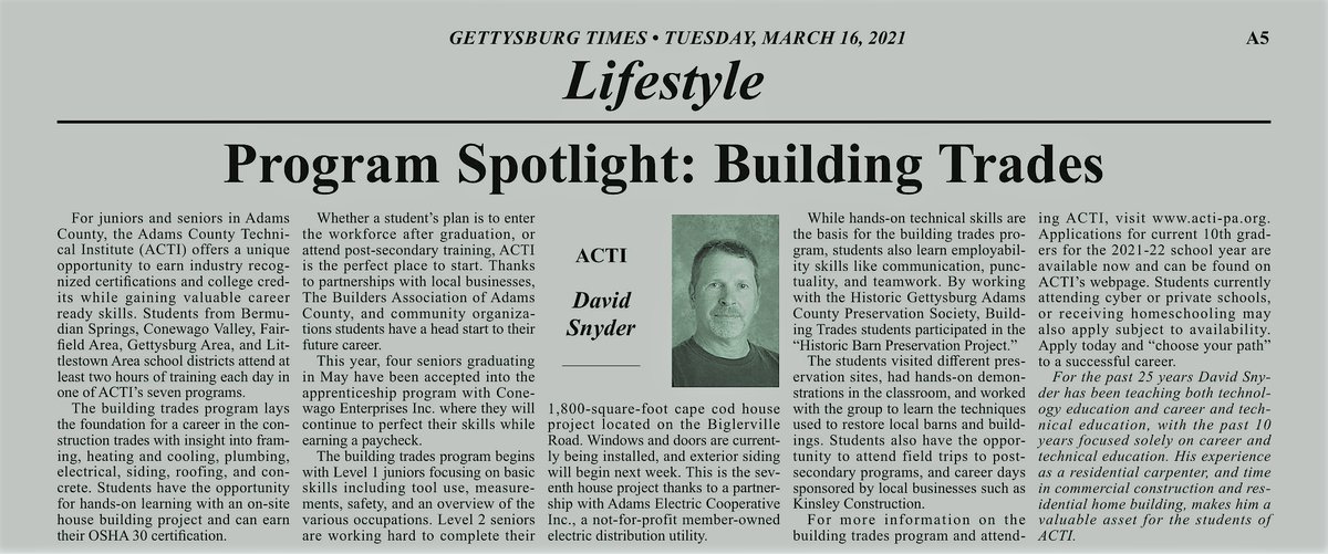 Spotlight on Mr. Snyder's ACTI Building Trades program!