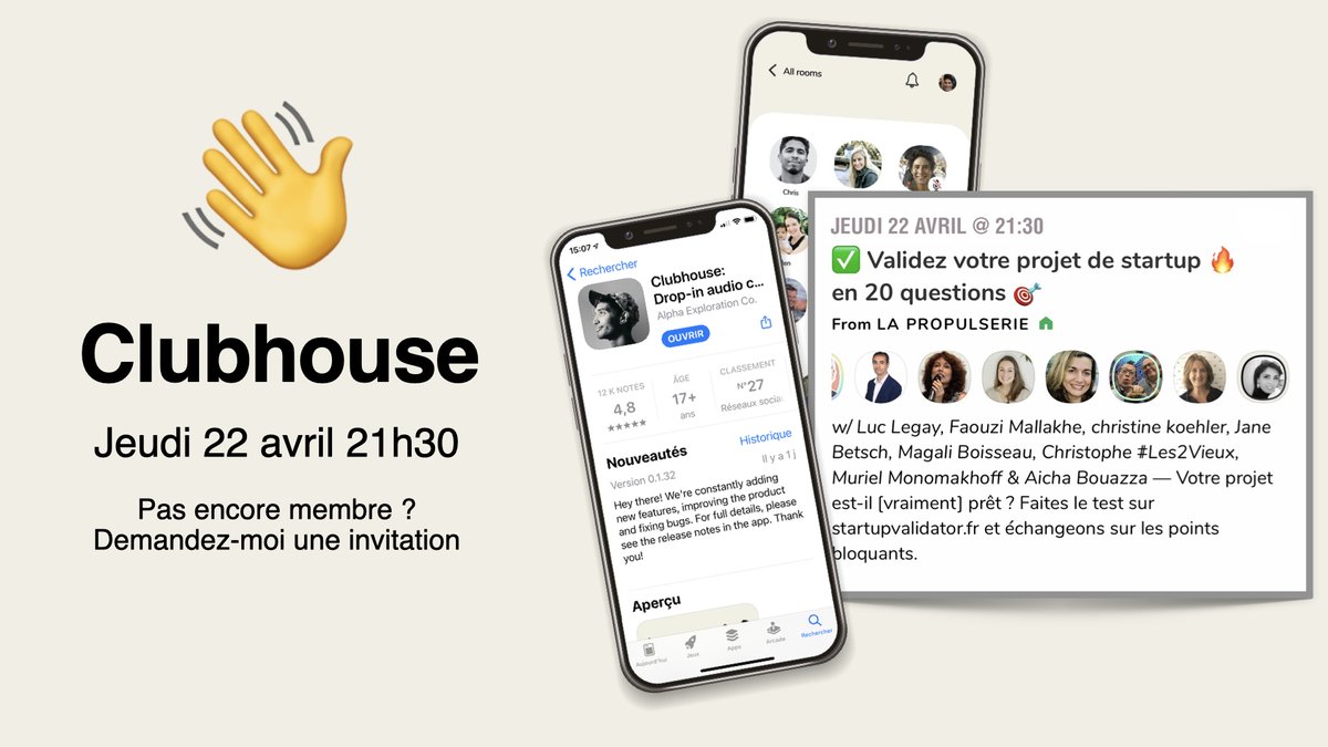 RENDEZ-VOUS 👋 CLUBHOUSE avec La Propulserie 🚀
✅ Valide ton projet de startup 🔥 en 20 questions 🎯 Fais le test sur startupvalidator.fr et échangeons sur les points bloquants. Teste, expérimente, lance ton projet joinclubhouse.com/event/PAdyZ41e #startup