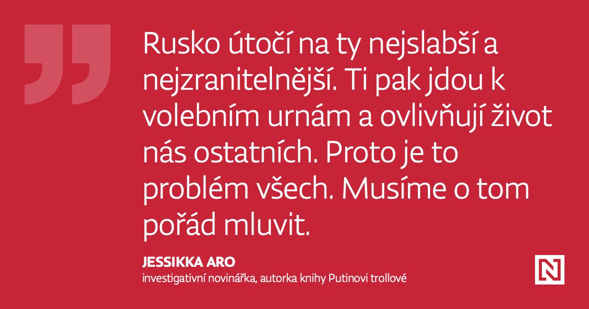 Deník N on Twitter: "„Rusům jde o cokoliv, co povede ke zkáze Západu,“  upozorňuje expertka na ruské dezinformace a hybridní válku, finská  novinářka Jessikka Aro. „Je to jedna z nejcyničtějších forem ruské