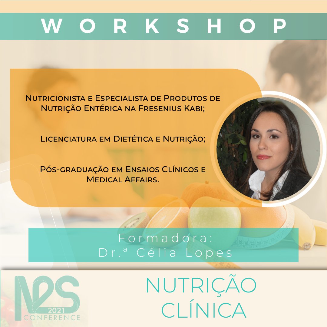 N2SConference's tweet image. Outra dia de publicações, outro Workshop!
Hoje, “Nutrição Clínica, uma Aliada dos Nutricionistas”, em parceria com a Fresenius Kabi.
Passa a conhecer melhor a Nutrição Clínica e a malnutrição associada à doença, conceitos e terminologia utilizada, e a prática clínica.
Não percas!