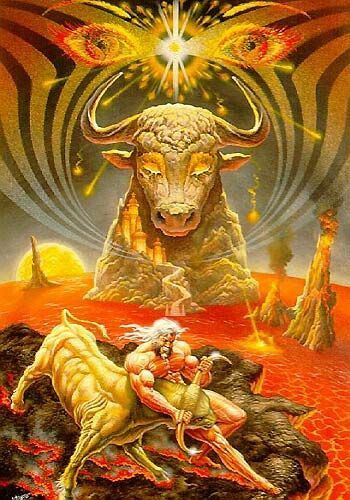 Taurus: Venus rules here, plus Lunar deities as the moon is exalted. Sensation, desire, nurturing, & safety are heavy influences here. Taurus is heavily involved and invested in this world. The Bull is symbolic of an excessive presence-in-matter manifesting as great strength
