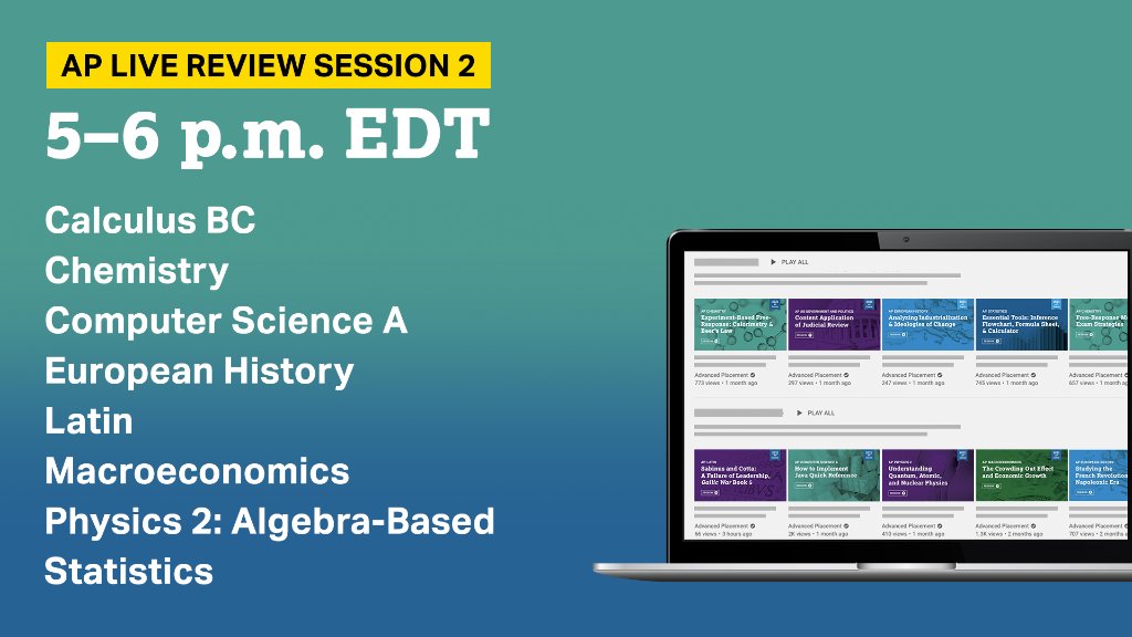 APforStudents's tweet photo. These live AP Daily: Live Review sessions begin at 5 pm ET!

Join today's AP Exam review session or set a reminder:
🔹 AP Latin: https://t.co/RO1oC3jTbu
🔹 AP Macro: https://t.co/wUAbgDqjzQ
🔹 AP Physics 2: https://t.co/Nc36JMbjXD
🔹 AP Statistics: https://t.co/F0eQHDqYri https://t.co/xGxy79pFsx