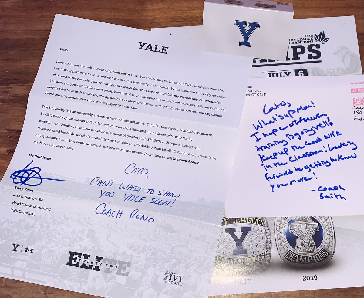 Thank you so much for the letters! <a href="/CoachRenoYale/">Tony Reno</a> <a href="/SSmith_II/">Coach Seitu</a> <a href="/CoachJPell/">Jake Pelletier</a> <a href="/yalefootball/">Yale Football</a> I can’t wait to come check out campus!!