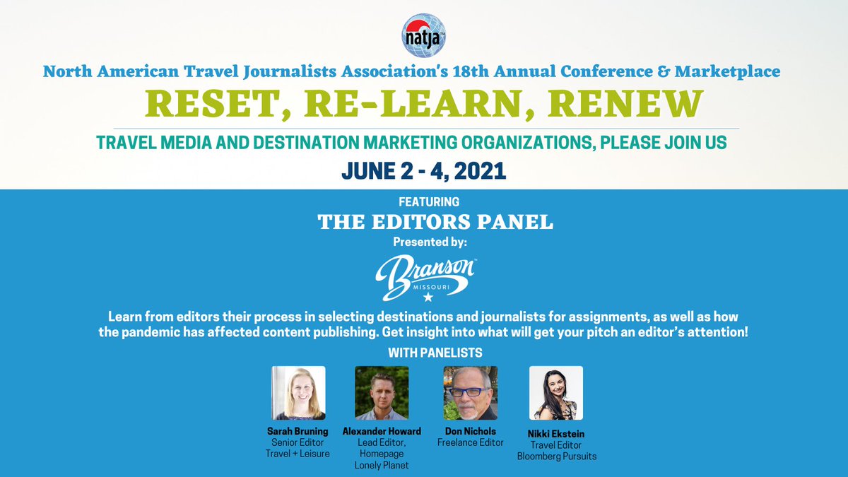 tweetNATJA's tweet photo. Meet 'The Editors Panel' joining the North American Travel Journalists Association's 18th Annual Conference & Marketplace! 🤩✨
https://t.co/3j4zjRgtG6
#NATJAconference2021 #ResetRelearnRenew #conference #travelconference #travellearning #travelmedia #journalists https://t.co/Vku5al4uGE