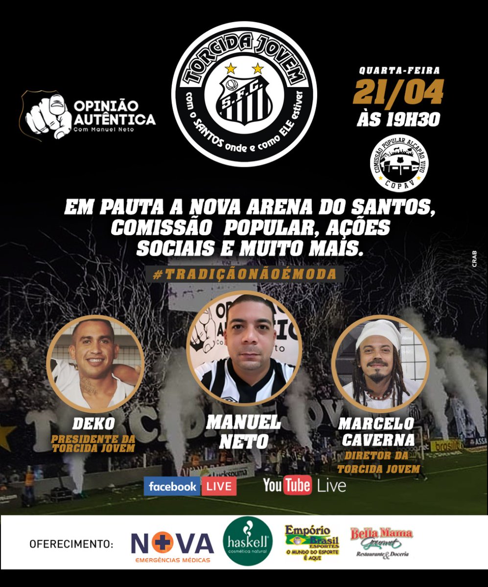 marcelocaverna7's tweet photo. Hoje a diretoria da @tjovemsfc estará ao vivo na Live do Opinião Autentica pelo YouTube e Facebook.
Cola família Tj! #TorcidaJovem #SantosFC #copav #vilabelmiro #alcapao https://t.co/CZn4t4rSbj