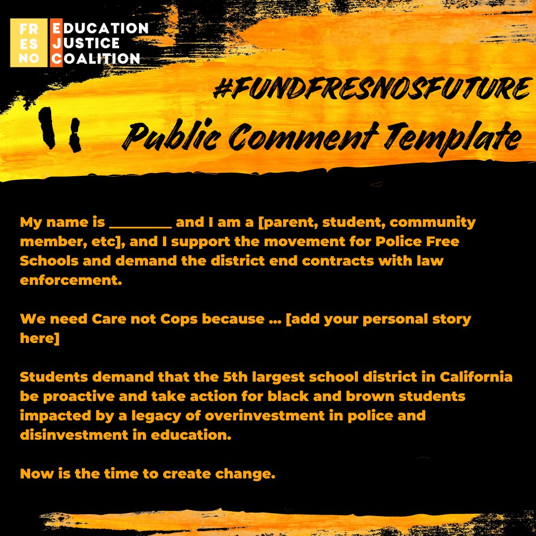 We need you to show up for Fresno students! Join us at 6:15pm TODAY at the McLane library &amp; give a public comment demanding FUSD end contracts w/ FPD &amp; invest funding into student health &amp; wellness.

THANK YOU to the 162 community members who submitted public comment via email!