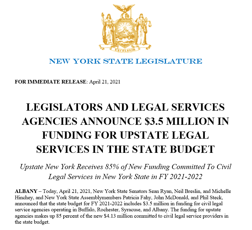⚖️ Upstate New York's nonprofit legal services providers like <a href="/LASNNY/">Legal Aid Society of Northeastern New York</a> will receive $3.5M in new funding this year to help support and further their critical work. Their work helps the most vulnerable NYers, low-income households, and those at risk of eviction.