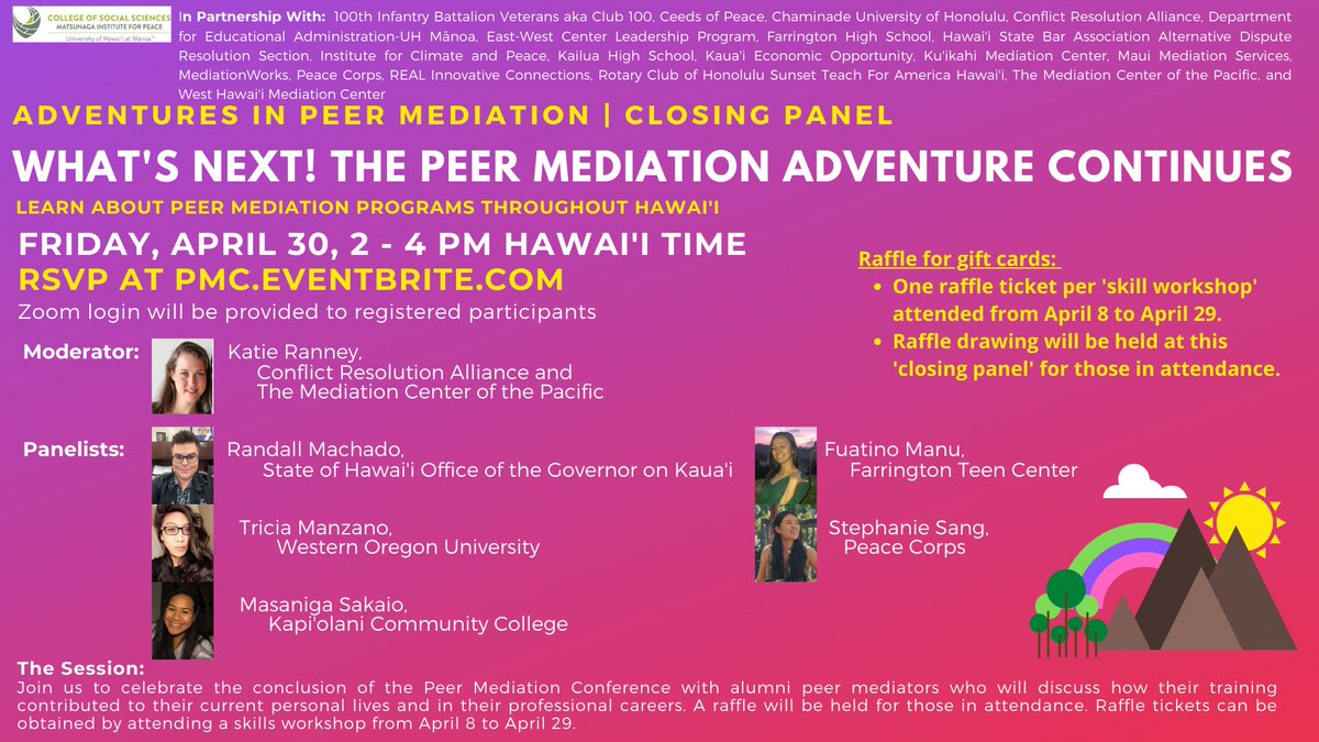 Join us at our closing panel “What’s Next! The Peer Mediation Adventure Continues” with alumni peer mediators discuss the impact of peer mediation on their lives. adventurecontinues.eventbrite.com #AdventuresInPeerMediation