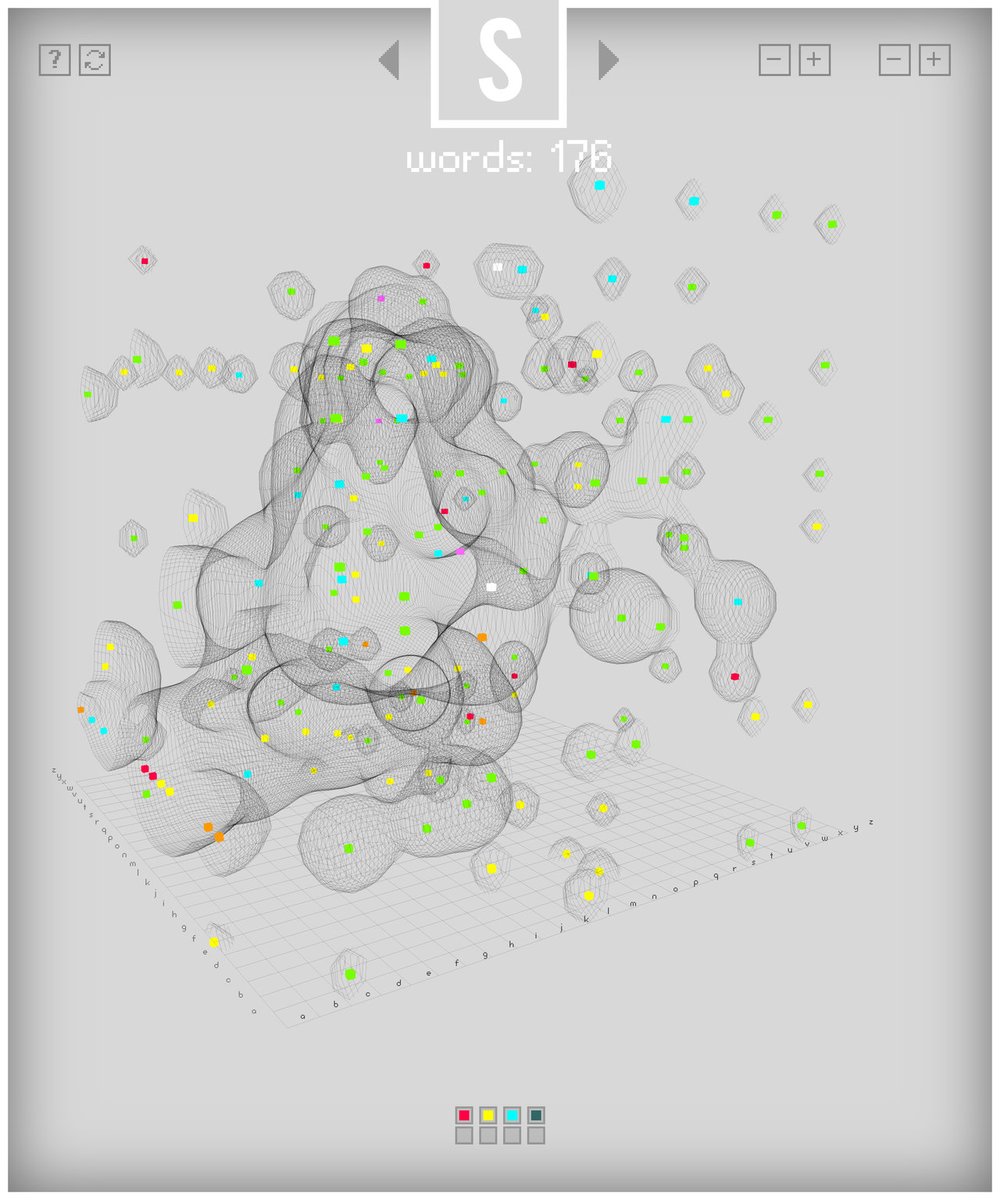 26/ In early 2004, whilst helping on the Bagel graphics engine of early  @Processing versions, I created Base26, an interactive realtime 3D visualization of all English four-letter words, interpreting letters as spatial coords (and initial letters as sets to morph between)