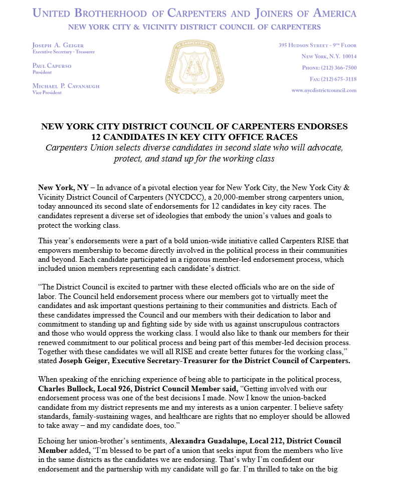 CarpentersNyc's tweet photo. NYC Carpenters Union announces its 2nd slate of endorsements for 12 NYC races! @JumaaneWilliams @galeabrewer @mvelaznyc @tiffany_caban @BobHoldenNYC @LincolnRestler @crystalrhudson @AlickaASamuel41 @electnikkilucas @shirleypaulnyc @RantiOgunleye @DMCarr  https://t.co/ILdQGwBZDX https://t.co/LK5gjQUkt7