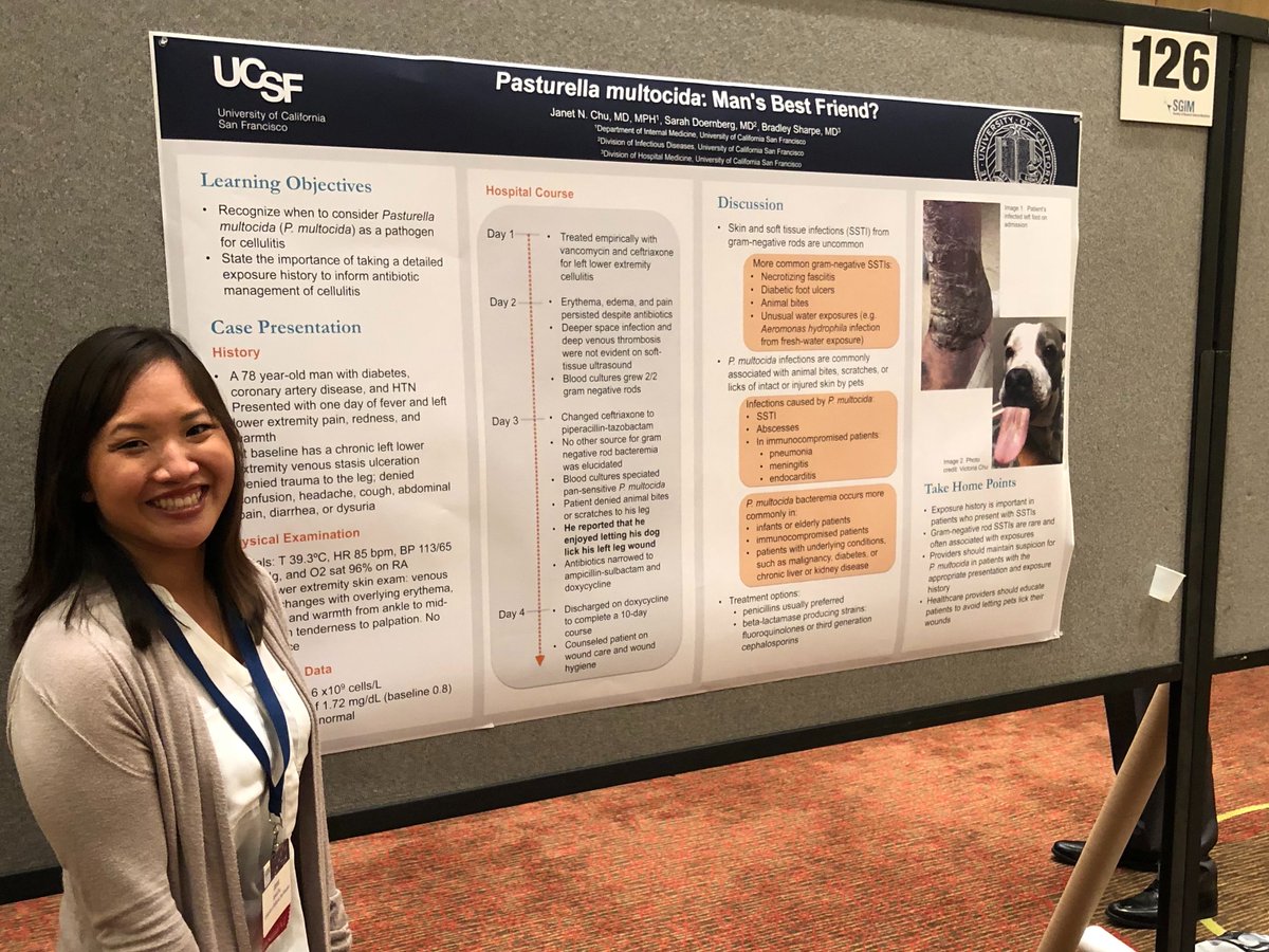 #MyFirstSGIM: Colorado 2018, Presenting a vignette poster on P. multocida ft a pic of my sister's dog (though not the culprit in the vignette), rooming with @suenlw, and being inspired by work of incredible colleagues! Can't wait for #SGIM22 (hopefully in person!) #UCSF