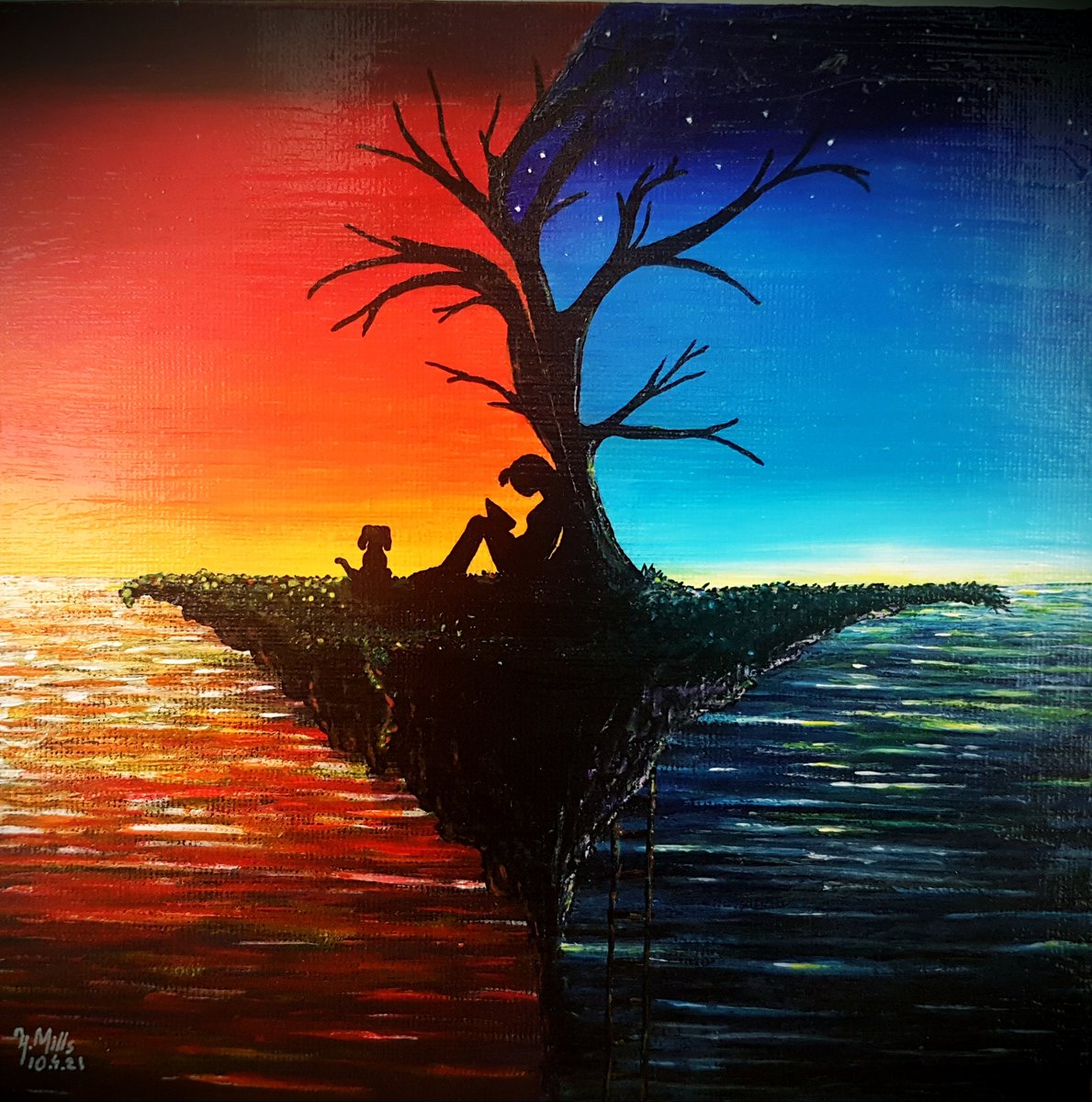 hannahmills531's tweet photo. Floating Island. Acrylics on canvas. Measuring 20x20cm #whymsical #art #painting #workoftheday #artoftheday #workinstudio #artstudio #artist #myart #traditionalart #sunset #sunrise #brightcolours #peace #sanctuary #mansbestfriend #sea #tree #islandlife #agoodbook https://t.co/RW0R4o1M8L