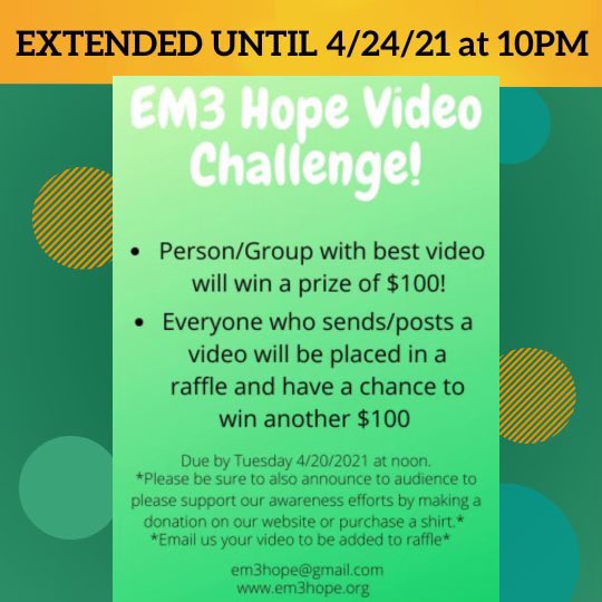 ‼️💚💜EM3 Hope Foundation Video Challenge has been extended‼️ We invite YOU to take part of this challenge and upload a video spreading mental health awareness! Be sure to tag us and share. #MentalHealthAwareness #StopTheStigma #YouMatter