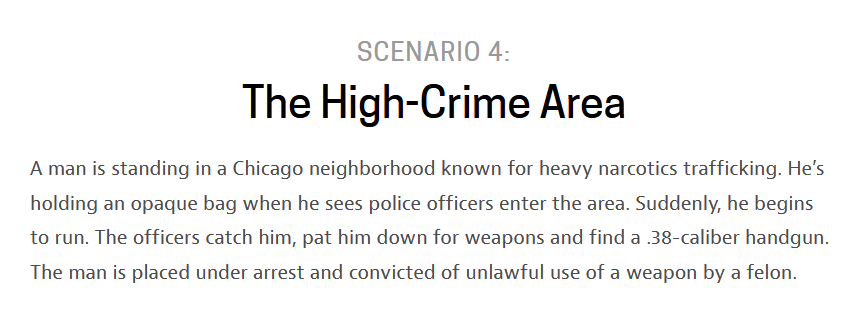 Let's start with a thinking challenge put together by  @frontlinepbs, can you spot the illegal police stop?POLICE STOP #04: The high crime area #CRJ201  #PoliceProcedure