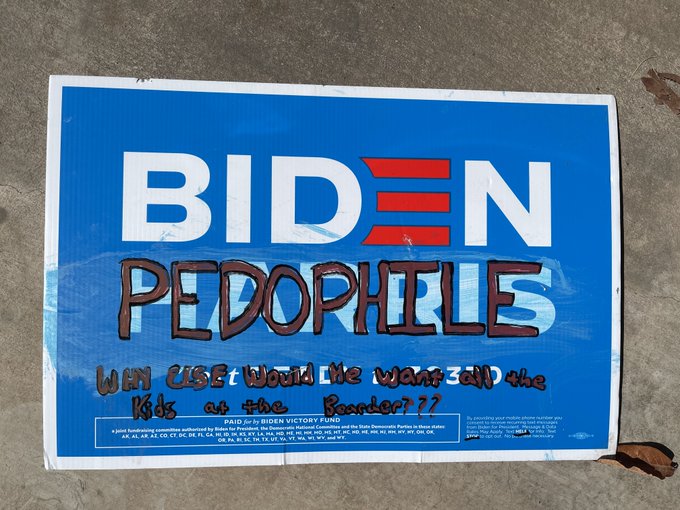 #QAnon doofuses: Solid B+ work. The blue paint to cover "Harris" didn't really work and it's a bit tough<a href="/tag/qanon"class="tags">#QAnon</a>