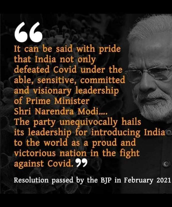 VishalDadlani's tweet photo. This is what really happened.

These idiots were so busy congratulating themselves and their God Of Gaseous Speeches, that they didn't prepare for wave 2.

Their arrogance, hubris, &amp; total absolute incompetence is what has put India in its current situation. Never forget. https://t.co/aDV9WMK1hH