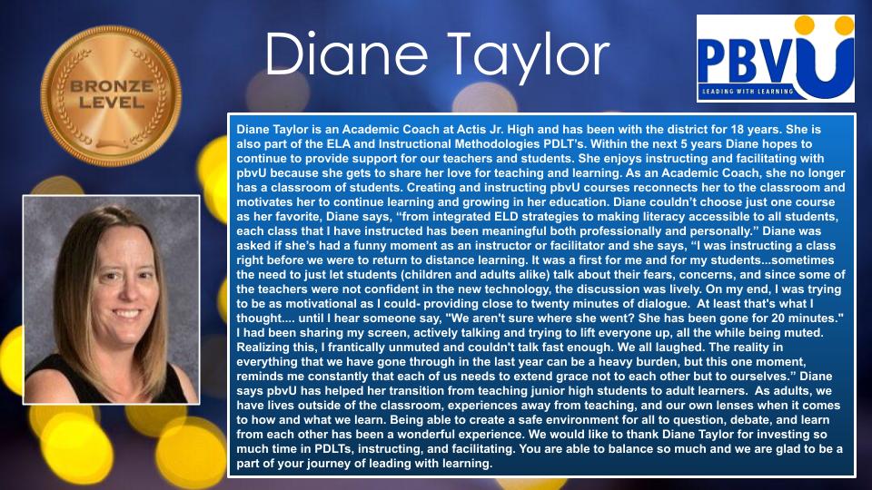 @pbvUniversity is excited to celebrate @mrsdianetaylor as a Bronze Level #pbvU instructor/facilitator. Diane enjoys instructing & facilitating with #pbvU b/c she gets to share her love for teaching & learning, and we appreciate all that she brings.