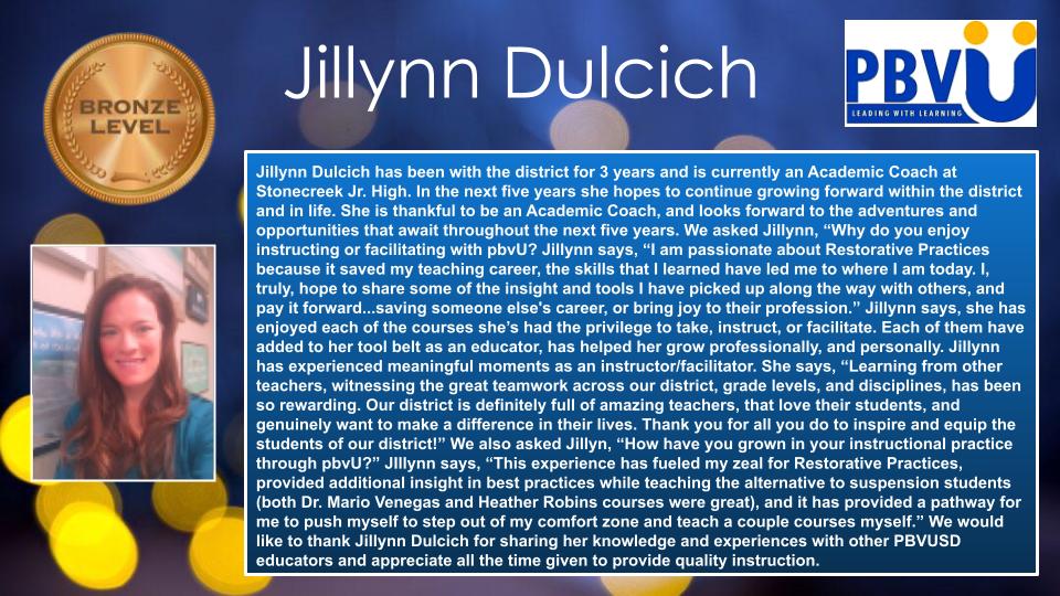 Join @pbvUniversity in celebrating Jillynn Dulcich as a Bronze level #pbvU instructor/facilitator. Jillyn shares “Our district is definitely full of amazing Ts that love their Ss & genuinely want to make a difference…” TY, Jillyn, for making a difference through #pbvU.