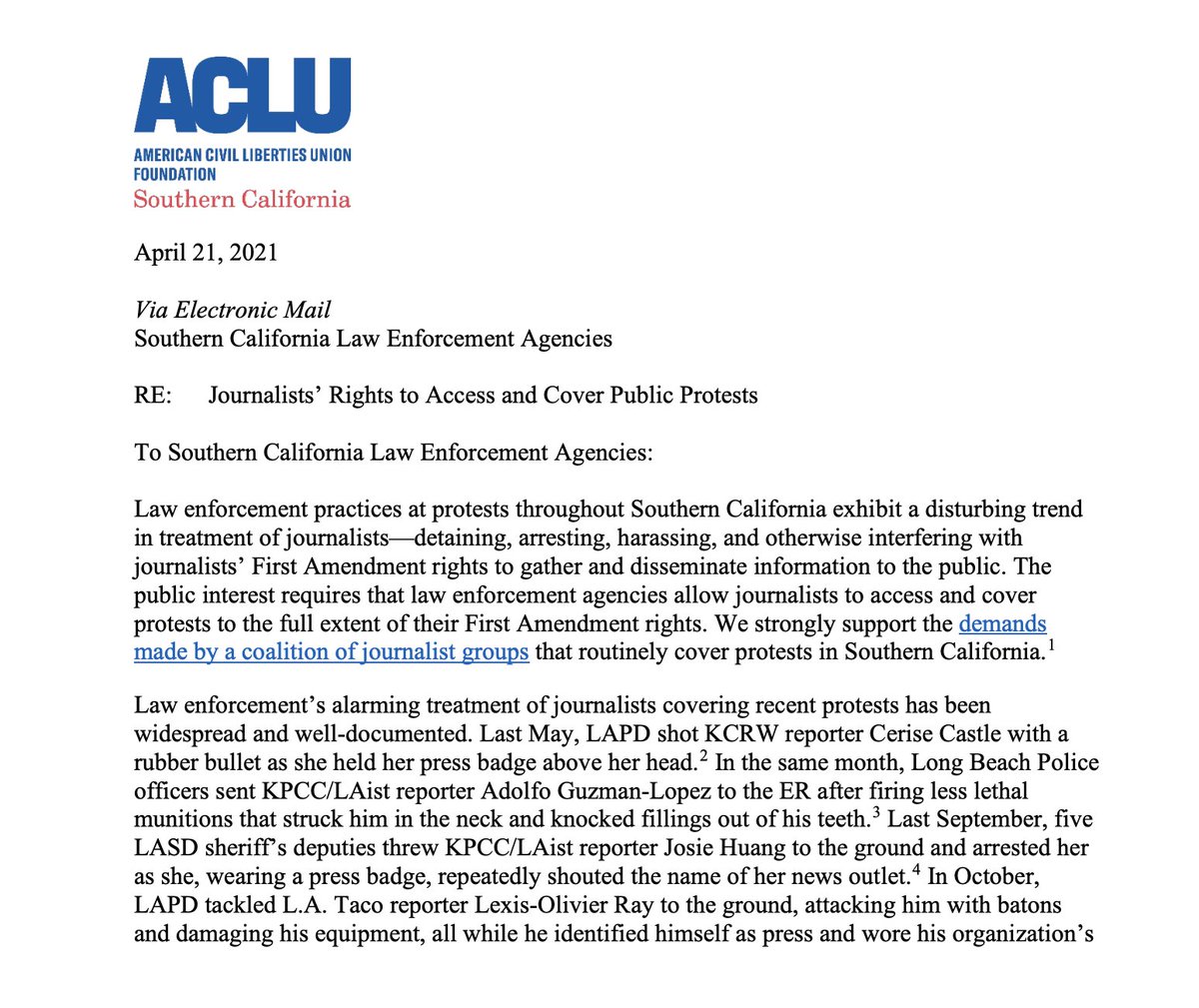 Thank you  @ACLU_SoCal for this letter amplifying the demands of journalist groups and this thread documenting law enforcement’s role in the harassment, detainment, and physical attacks on local journalists   https://twitter.com/aclu_socal/status/1384981237836644355