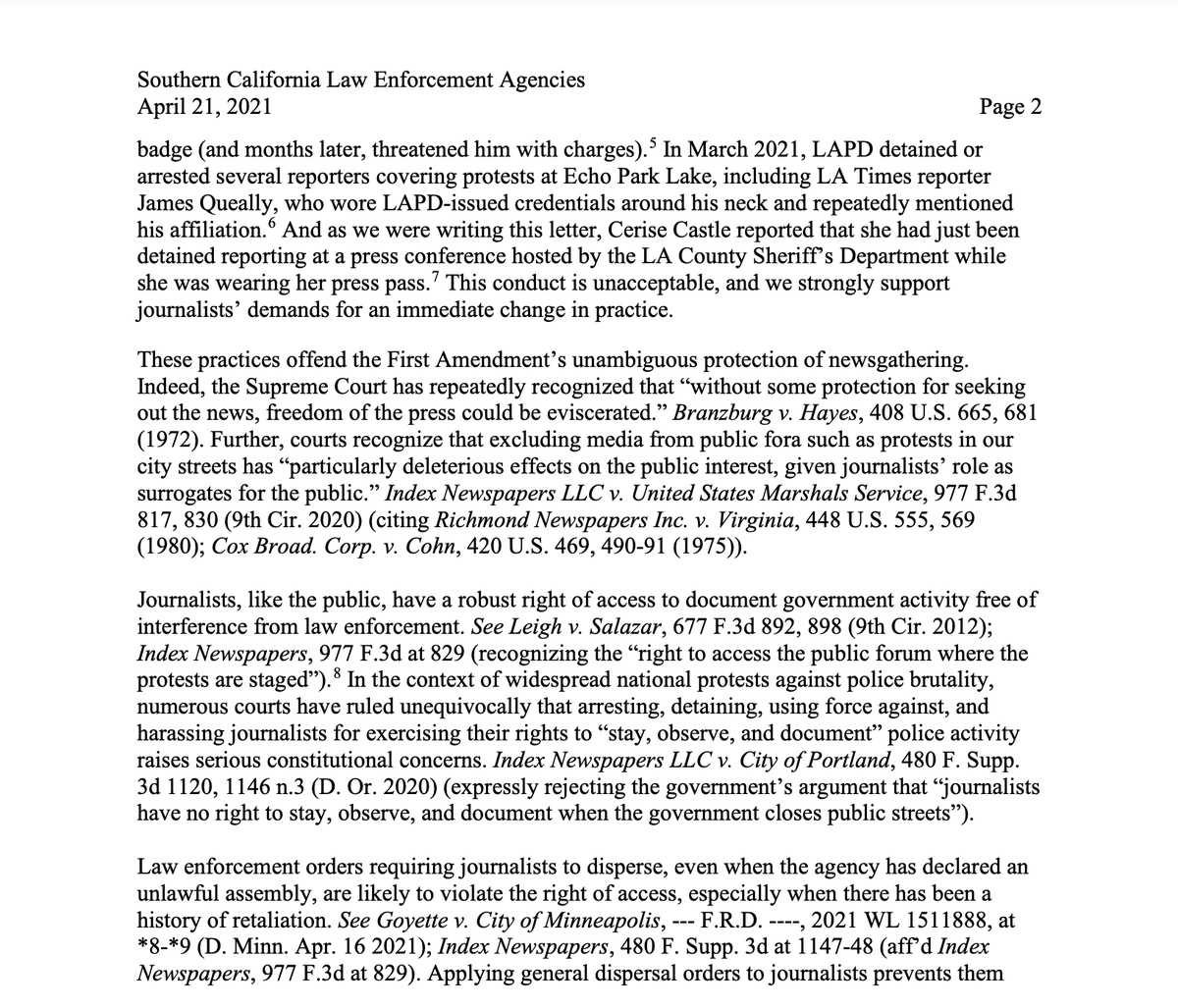 Thank you  @ACLU_SoCal for this letter amplifying the demands of journalist groups and this thread documenting law enforcement’s role in the harassment, detainment, and physical attacks on local journalists   https://twitter.com/aclu_socal/status/1384981237836644355