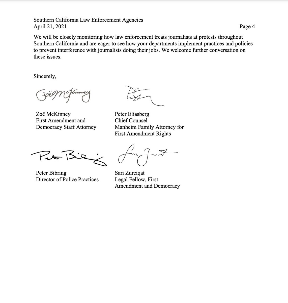 Thank you  @ACLU_SoCal for this letter amplifying the demands of journalist groups and this thread documenting law enforcement’s role in the harassment, detainment, and physical attacks on local journalists   https://twitter.com/aclu_socal/status/1384981237836644355