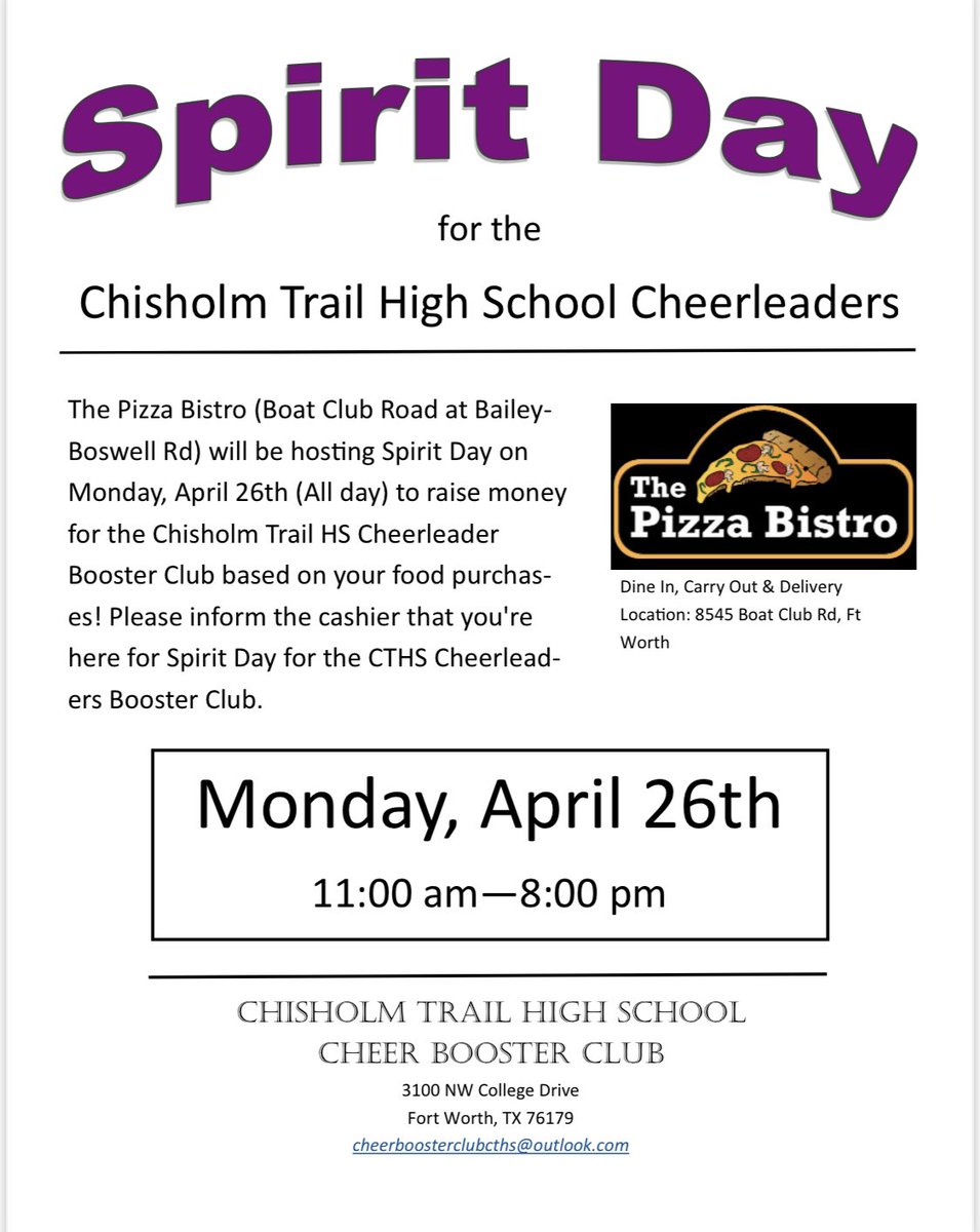 CTHSRangerCheer's tweet image. Mark your calendars! THIS Monday, April 26th help support CTHS Cheer by eating at Pizza Bistro! #SpiritDay #pizzabistro #supportcheer @PizzaTx @ChisholmTrailHS
